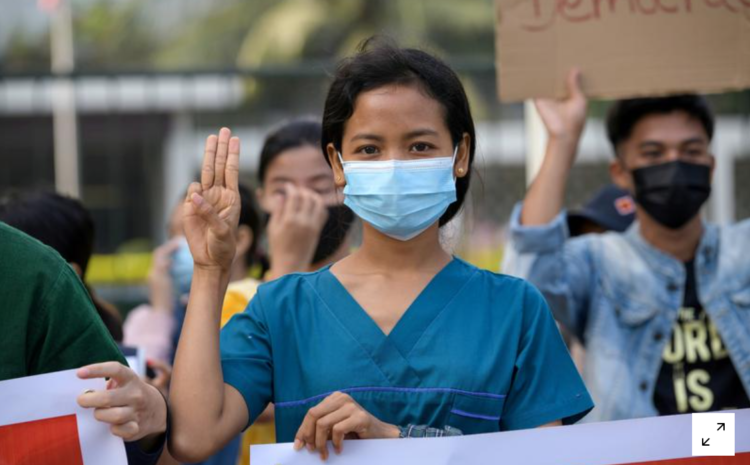  Monks, nurses join third day of protests against Myanmar coup